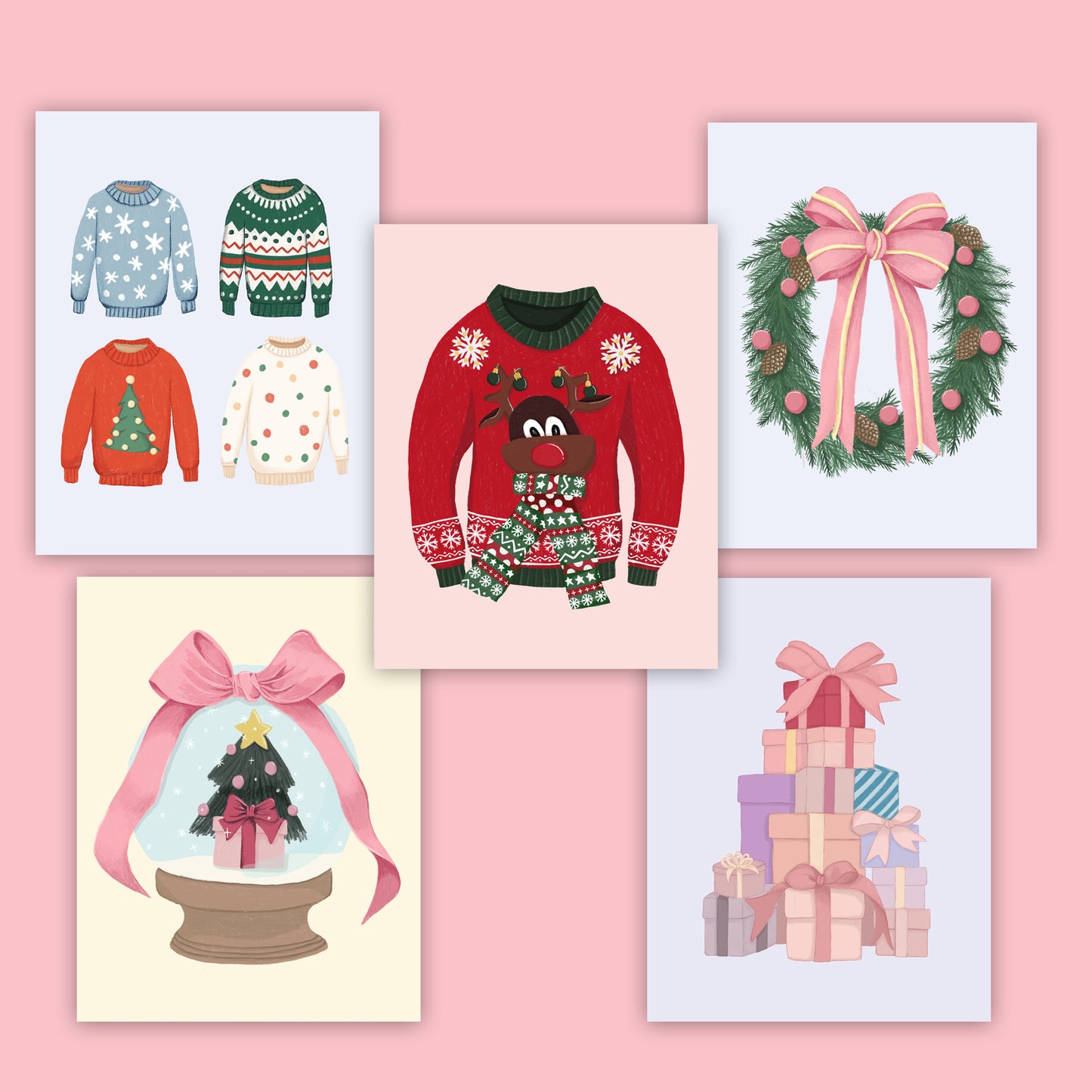 Coquette bow christmas cards pack(Set of 5 or 10 boxed cards)