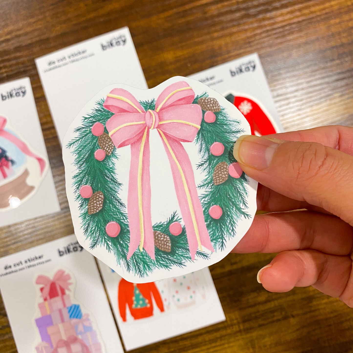 Pink Bow Christmas Wreath die cut Sticker