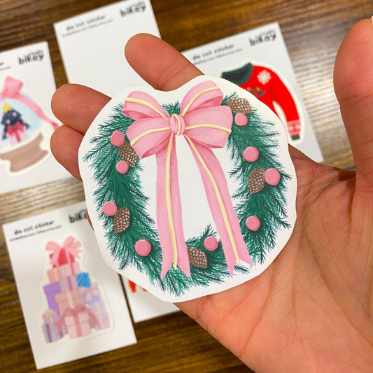 Pink Bow Christmas Wreath die cut Sticker