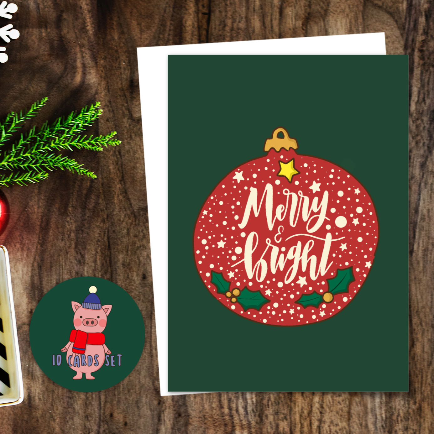 Merry and Bright Christmas Card (Single or Card Pack)