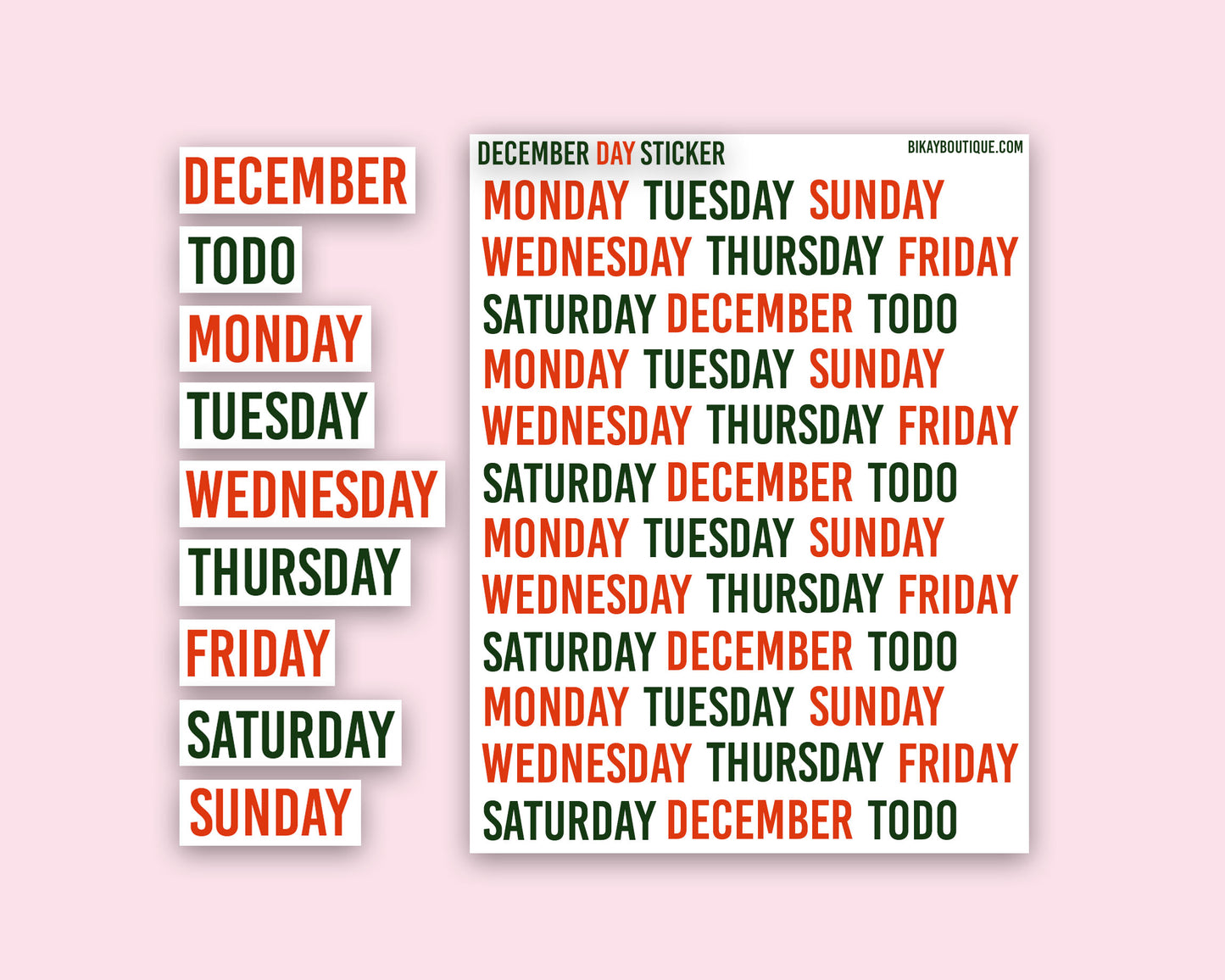 December day of the week monthly Sticker kit