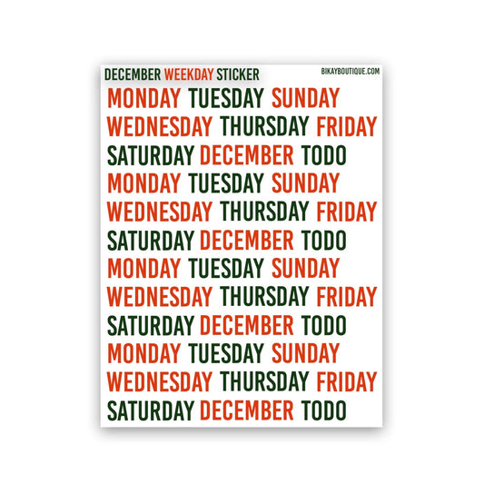 December day of the week monthly Sticker kit