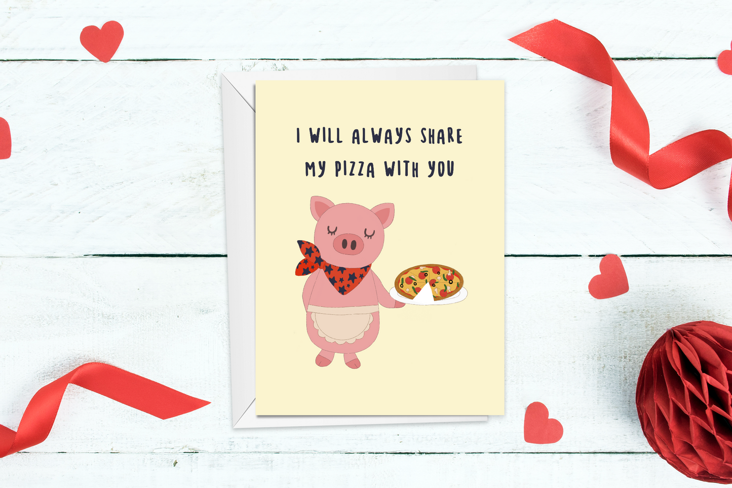 Piggy sharing Pizza Valentine's day Card