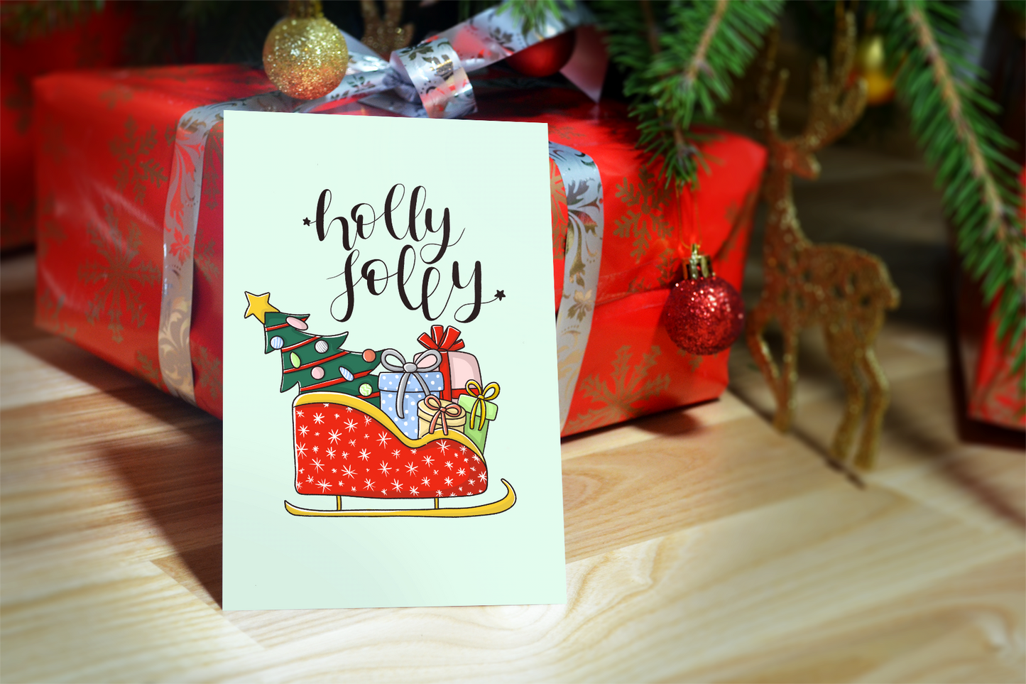 Holly Jolly Santa's Sleigh Christmas Card