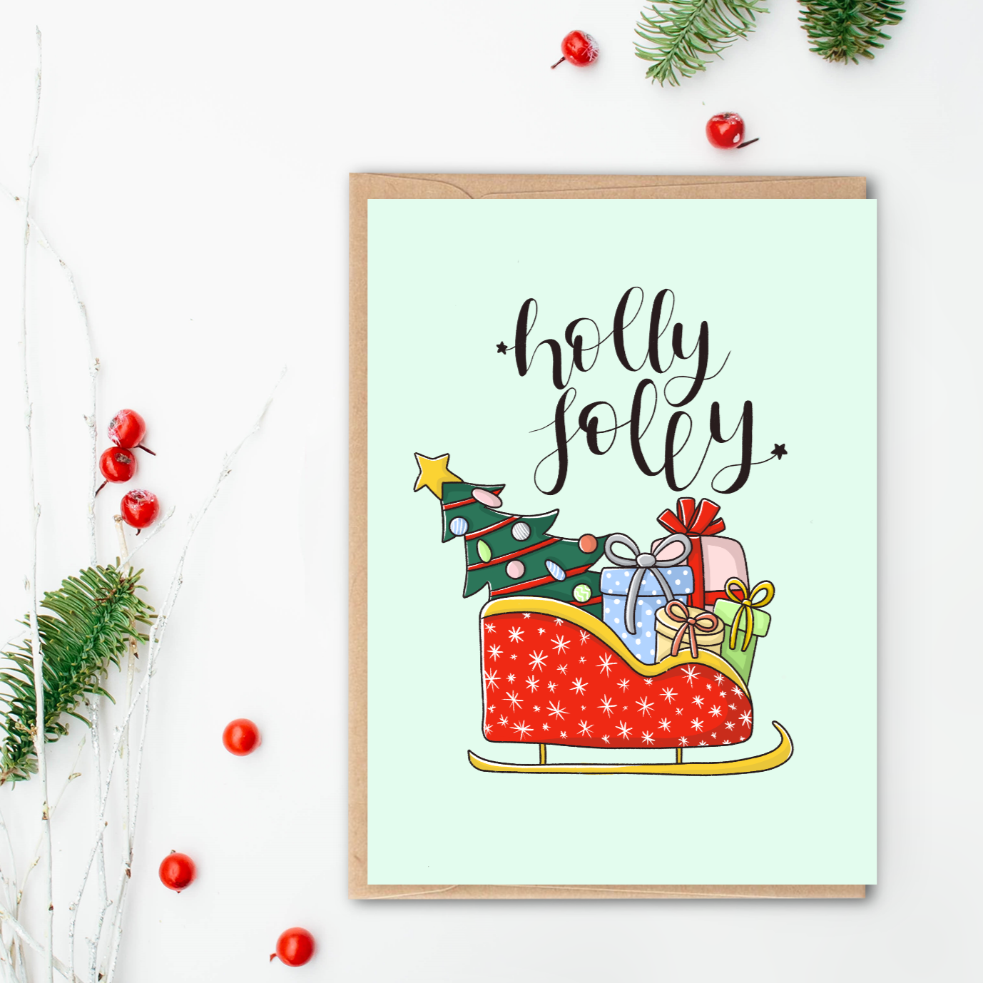 Holly Jolly Santa's Sleigh Christmas Card