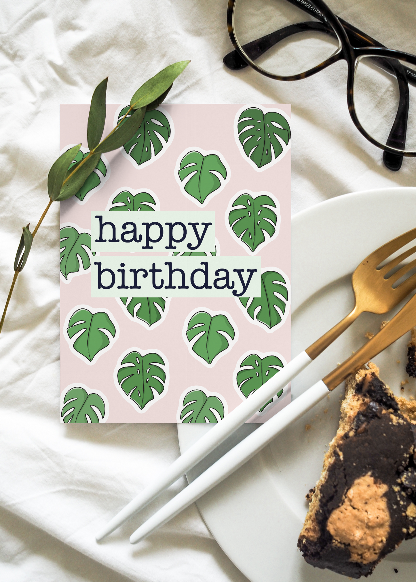 Monstera leaves happy birthday card